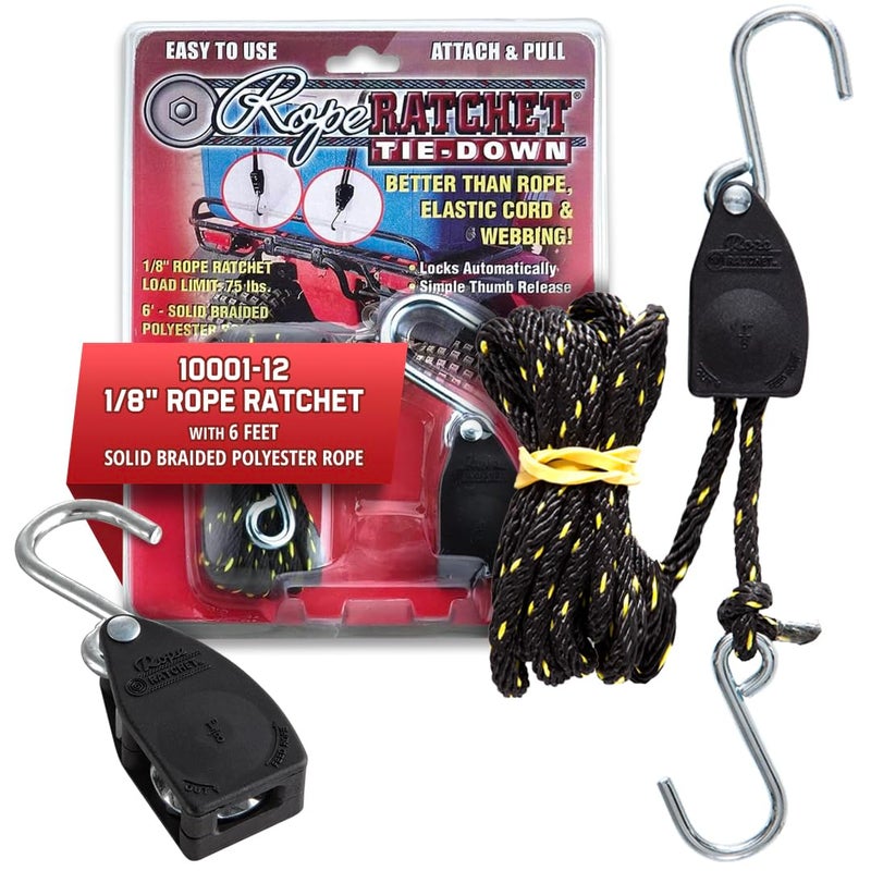 Rope Ratchet حبل ربط 1/8" مع حبل تعليق بطول 6' من بولي بروبيلين مضفر صلب، مثالي للكاياك، الكانو، الخيمة، أضواء النمو، المظلة، معدات الهواء الطلق، سعة 75 رطل - Image 1